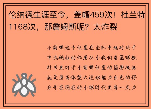 伦纳德生涯至今，盖帽459次！杜兰特1168次，那詹姆斯呢？太炸裂