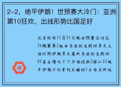 2-2，绝平伊朗！世预赛大冷门：亚洲第10狂欢，出线形势比国足好