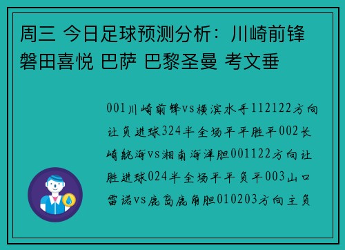 周三 今日足球预测分析：川崎前锋 磐田喜悦 巴萨 巴黎圣曼 考文垂