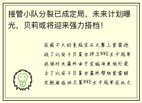 接管小队分裂已成定局，未来计划曝光，贝莉或将迎来强力搭档！